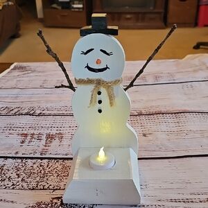 HANDMADE SOLID RECLAIMED WOOD SNOWMAN TEA LIGHT HOLDER